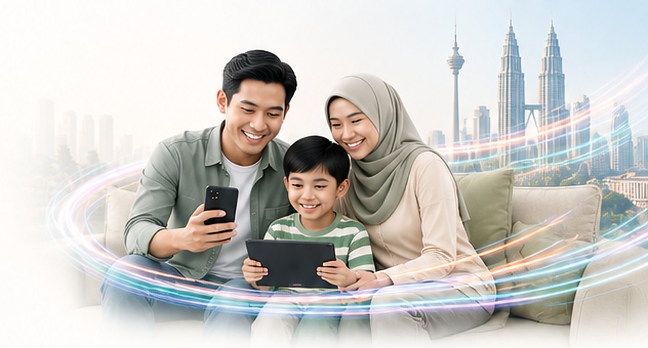 A Malaysian family staying connected on their mobile devices